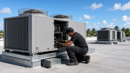 BulletProof Air technician servicing a commercial rooftop AC unit