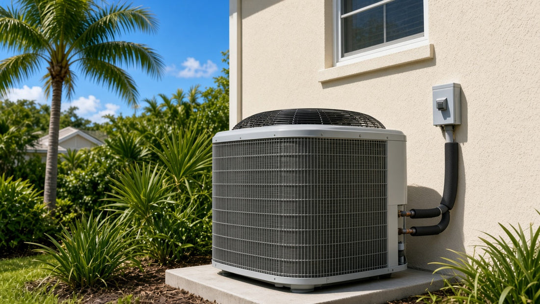 Central AC condenser beside a Florida home